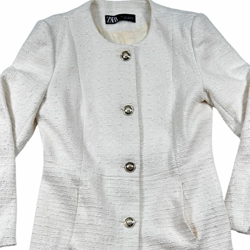 ZARA White Textured Coat Dress Jacket Women Size L Elegant Button Front Blazer - Picture 10 of 11